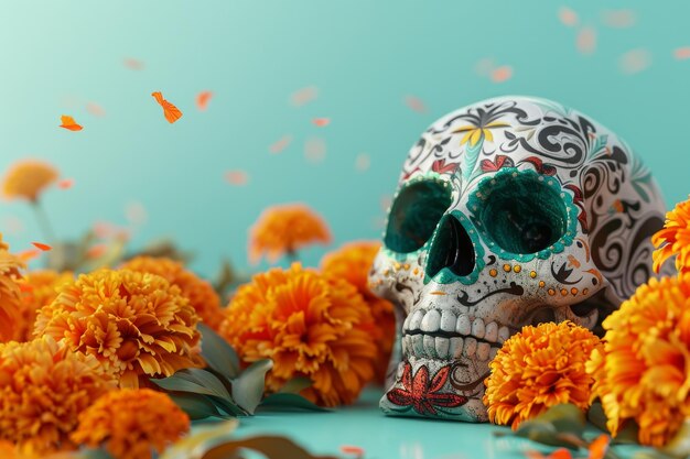crâne de sucre et des fleurs en arrière-plan le jour du concept des morts
