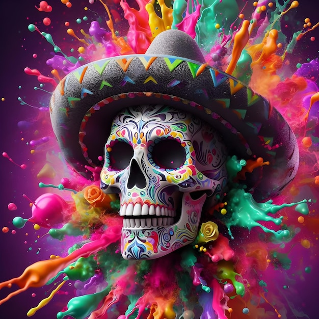 Crâne de sucre mexicain avec des éclaboussures de peinture colorée illustration 3d