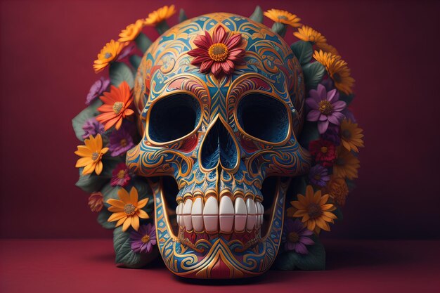 Crâne de sucre mexicain avec des fleurs Jour des morts concept génératif ai