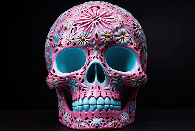 un crâne de sucre mexicain avec une petite fleur rose dessus dans le style des personnages grandeur nature