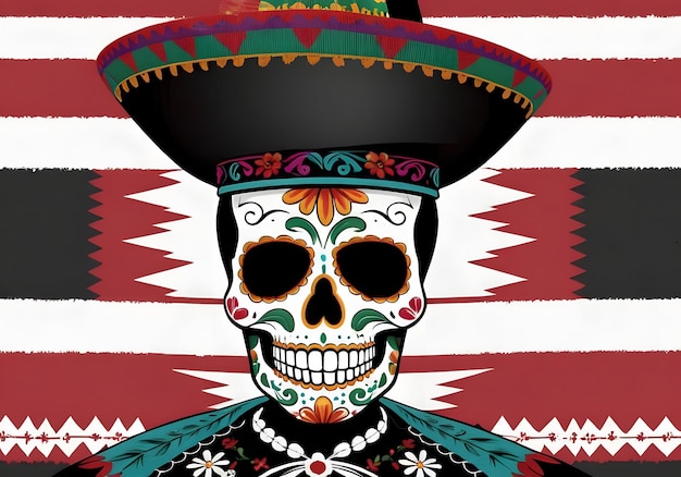 un crâne de sucre portant un sombrero et une couverture mexicaine de serape Saltillo