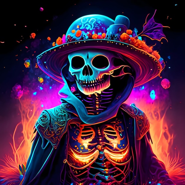 Crâne de sucre squelette halloween psychédélique fond coloré Generative Ai