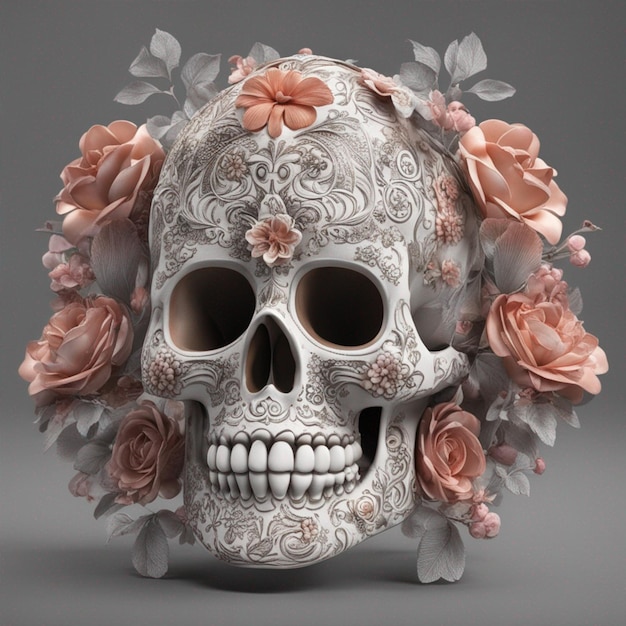 crâne en sucre traditionnel de calavera décoré de fleurs le jour des morts illustration 3D