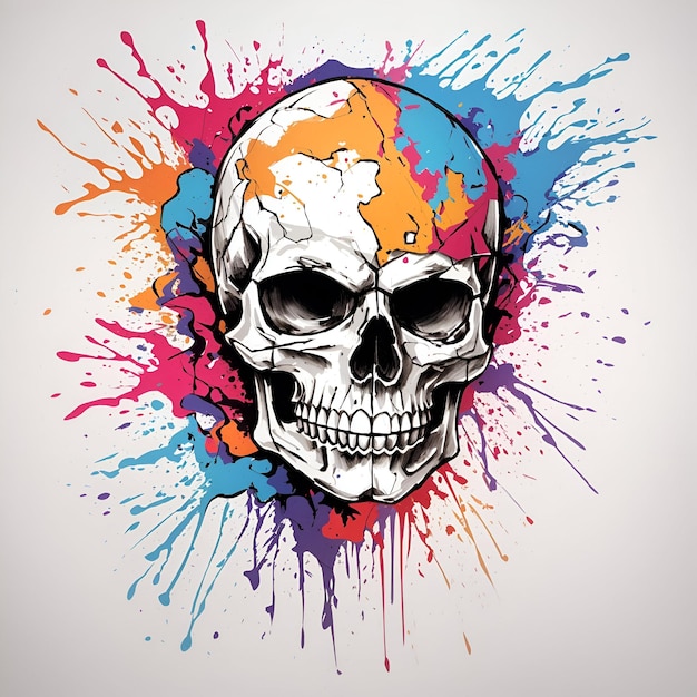 Un crâne avec des touches colorées sur fond blanc pour la conception de t-shirts