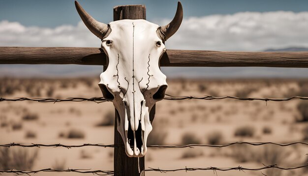 un crâne de vache est sur une clôture avec une clou de fil de fer barbelé