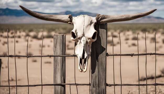 un crâne de vache est sur une clôture avec un poteau de clôture