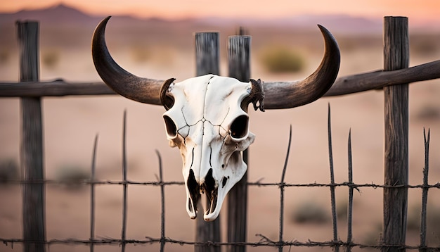 un crâne de vache sort d'une clôture et le fond est rose