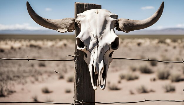 Photo un crâne de vache suspendu au-dessus d'une clôture avec du fil de fer barbelé