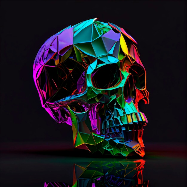 Crâne de verre coloré, rendu 3d, fond sombre