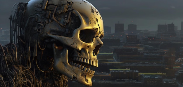 Un crâne avec la ville en arrière-plan
