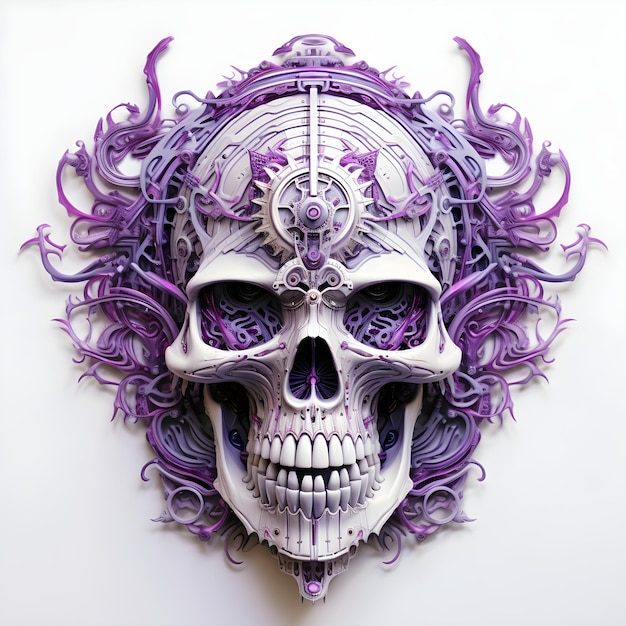 Un crâne avec un visage violet et un masque violet dessus