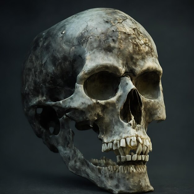 Un crâne de zombie grotesque avec des yeux renflés et de la chair en décomposition.