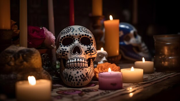 crânes blancs ornés de bougies et de fleurs pour la célébration de Dia de los muertos ou du jour des morts Non basé sur une scène ou un motif de personne réelle