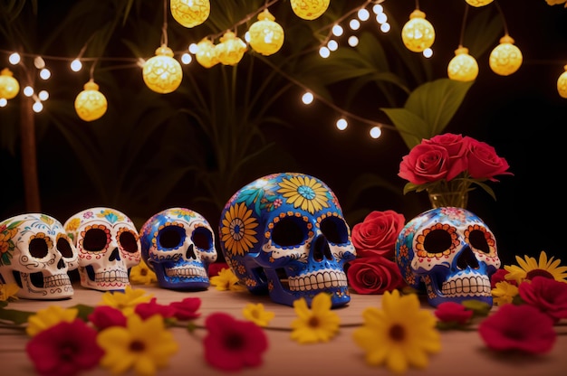 Des crânes de calavera peints allongés parmi des fleurs et des bougies lors de la fête du jour des morts folklore mexicain