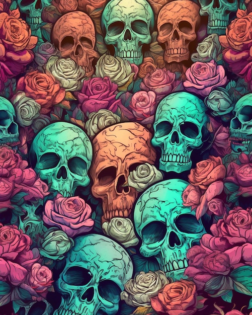 Crânes colorés et roses sur fond coloré.