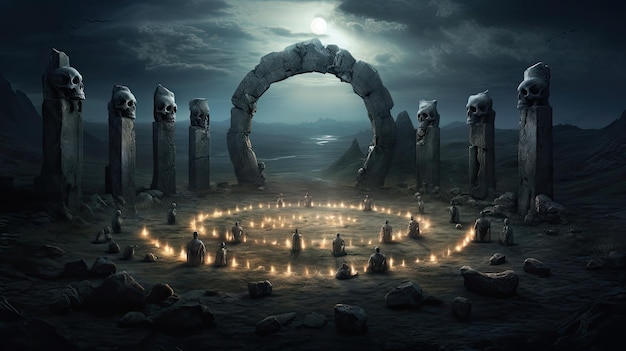 Des crânes dans un cercle rituel de pierres