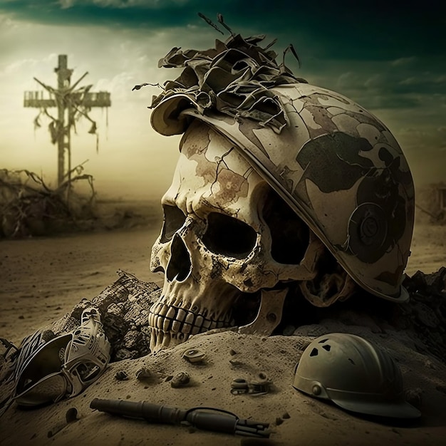 Crânes éparpillés dans un pays déchiré par la guerre Generative Ai