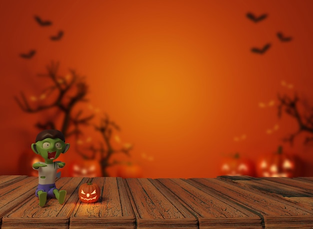 Crânes de fête d'Halloween avec bougie sur table en bois avec fond orange illustration de rendu 3d