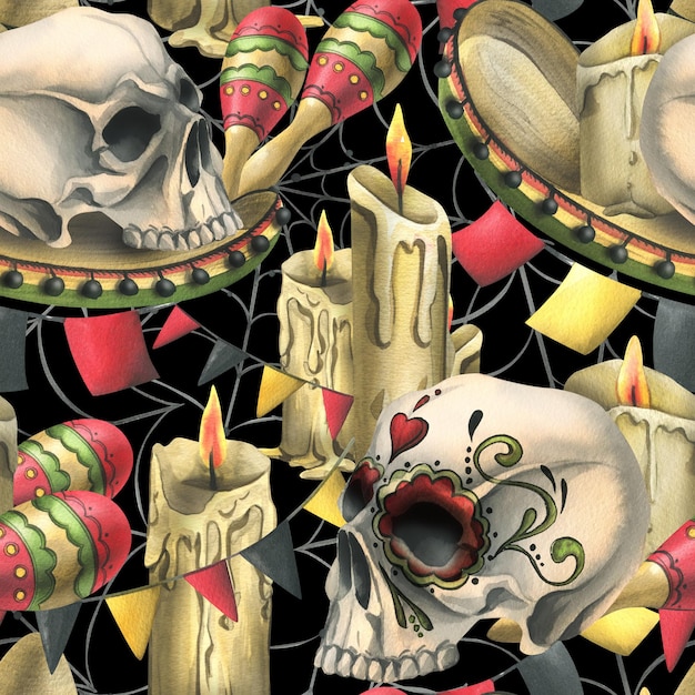 Crânes humains un chapeau sombrero maracas guirlande drapeaux bougies et toiles d'araignées Illustration aquarelle dessinée à la main pour le jour des morts halloween Dia de los muertos Modèle sans couture sur fond noir