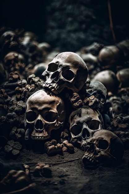 Crânes humains et ossements de personnes tuées à la guerre dans une crypte enterrée dans un cimetière