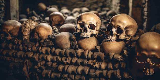 crânes humains et ossements de personnes tuées à la guerre dans une crypte enterrée dans un cimetière