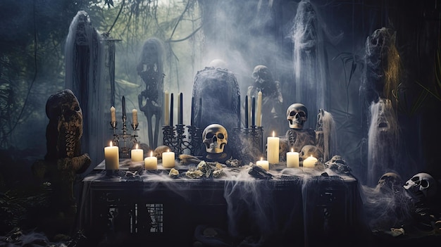 Des crânes ornent un autel dans la brume
