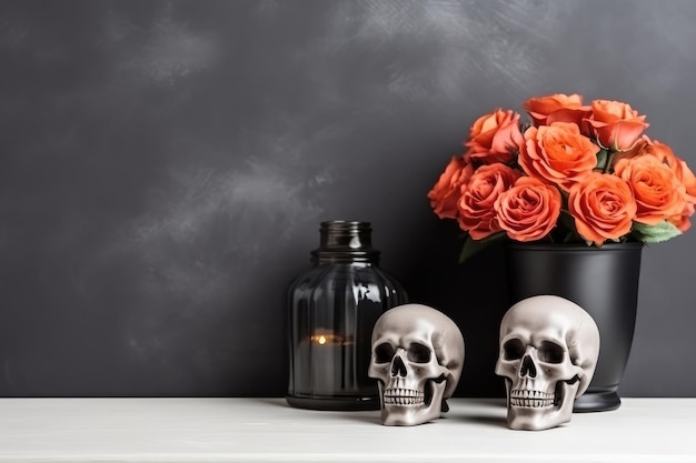 Des crânes et un vase avec des roses orange sur un fond noir