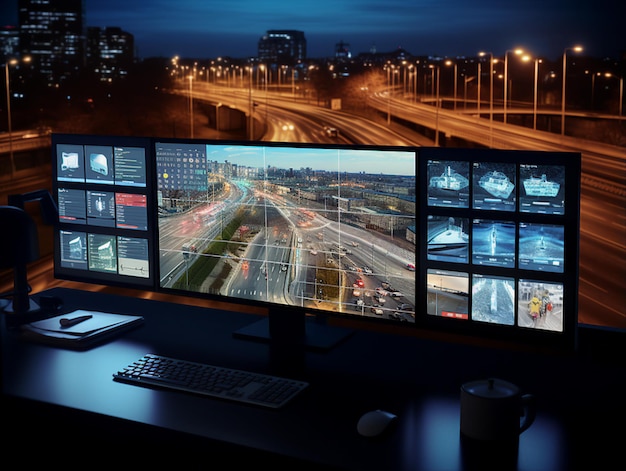 Écrans d'ordinateur avec l'image de l'autoroute la nuit