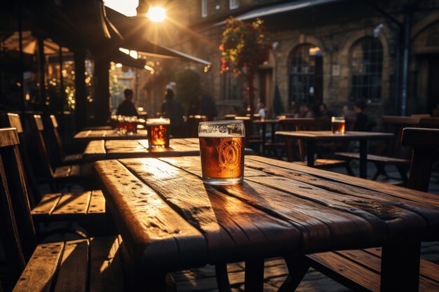 Crap froid dans un bar avec des tables en bois en plein air dans une ville historique IA générative