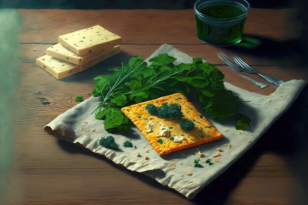 Photo craquelins au fromage séché et verts pour collation sur table