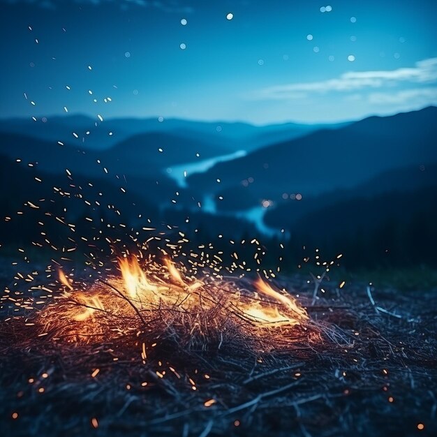 Le craquement d'un feu de joie au sommet d'une montagne la nuit