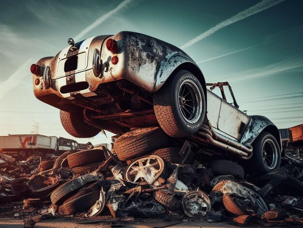 Photo crash abandonné rouillé coûteux supercar atmosphérique circulation interdite pour les émissions de co2 dystopique