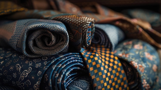 Photo des cravates élégantes en soie roulées en gros plan