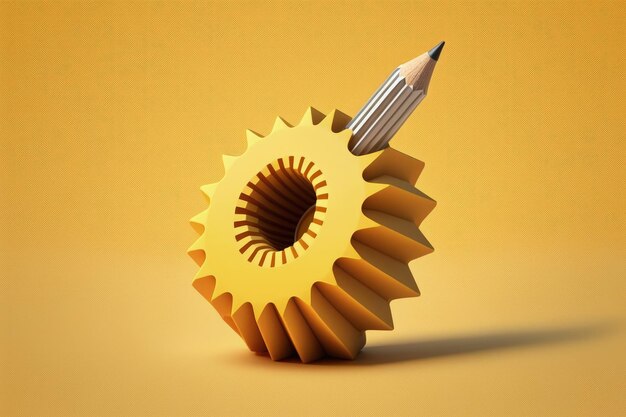 Crayon avec concept de créativité d'engrenage fond jaune illustration numérique AI