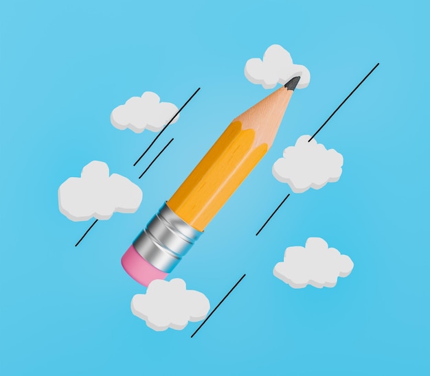 Le crayon créatif s'élance à travers les nuages sur fond bleu
