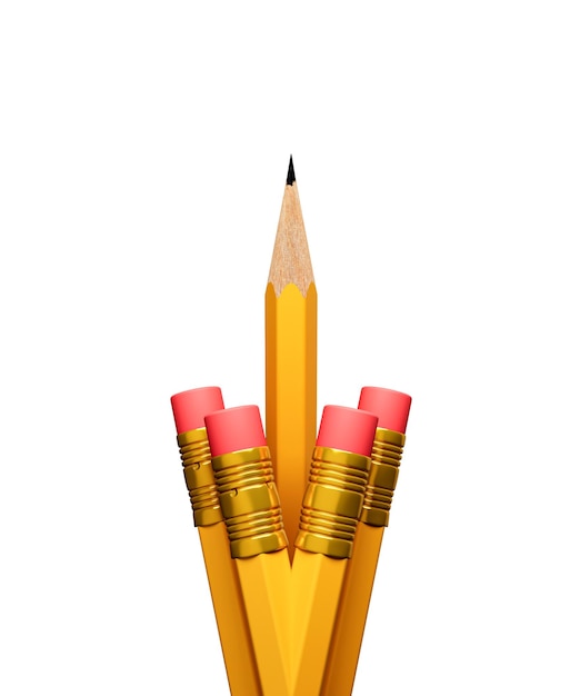 Un crayon se démarque des autres crayons concept d'entreprise de leader et de succès isolé sur blanc 3d