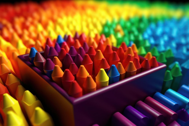 Crayons colorés dans une boîte en bois