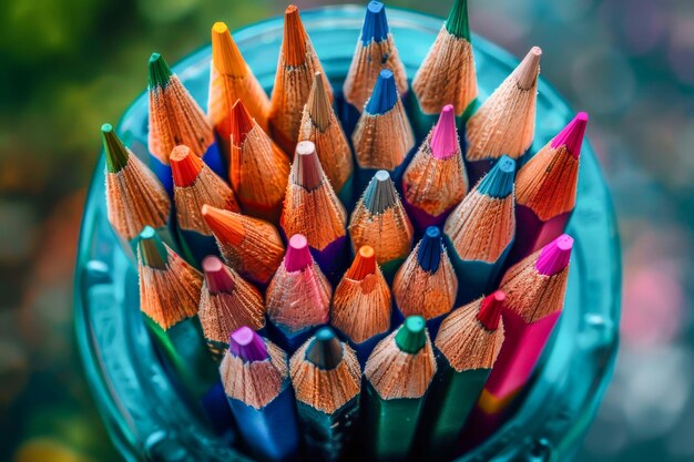 Photo des crayons colorés en pleine vue un gros plan artistique