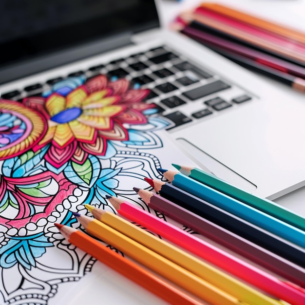 des crayons colorés sont sur un ordinateur portable avec une fleur colorée dessinée sur eux