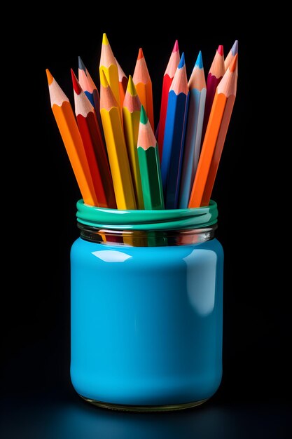 Photo crayons de couleur dans un pot en verre sur fond noir