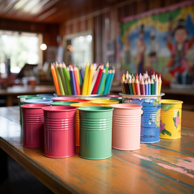 Des crayons de couleur dans une tasse placés sur une table à l'intérieur d'une maternelle IA générative