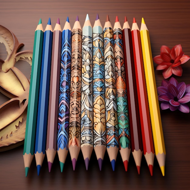 crayons de couleur avec un dessin floral