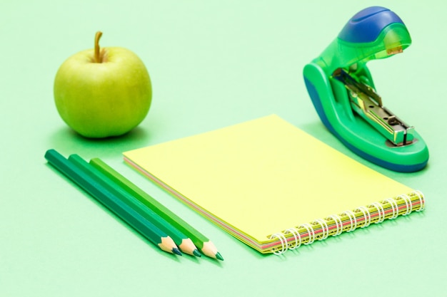 Crayons de couleur, pomme, cahier et agrafeuse sur fond vert. Retour au concept de l'école. Fournitures scolaires