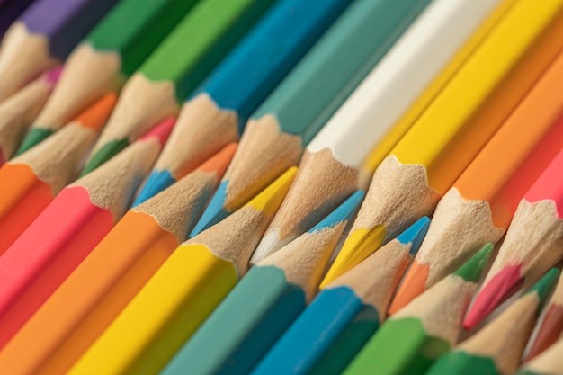 Des crayons de couleur se trouvent dans une rangée Une ligne tracée avec des pointes de crayon Ensemble de crayons pour illustrations étude d'art Prêt pour l'école