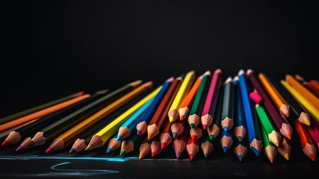 Crayons de couleur sur tableau noir avec espace de copie