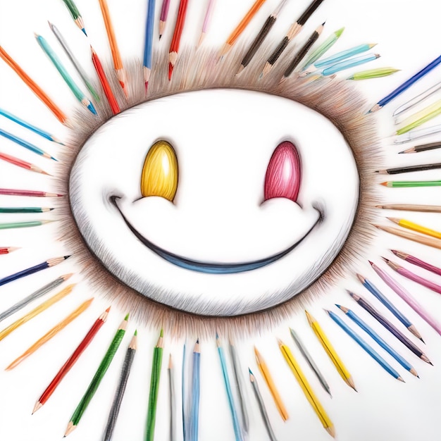 crayons de couleur et visage du smiley sur fond blanccrayons de couleur avec sourire sur dos blanc