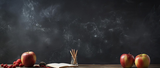 Des crayons et un livre sur un bureau avec des fruits et un fond de tableau noir