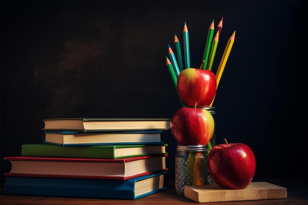 Crayons et livres colorés de classe d'école et pomme sur le bureau