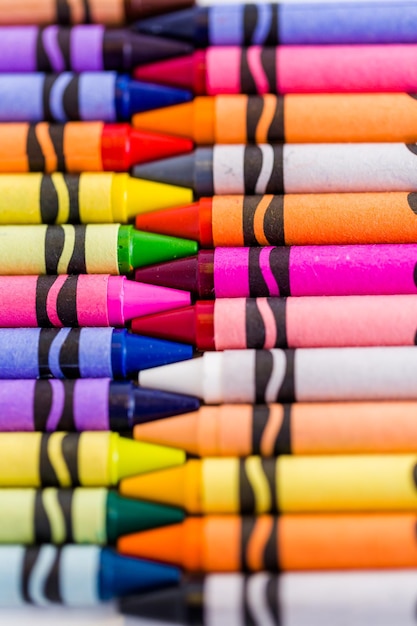 Crayons multicolores sur fond blanc.