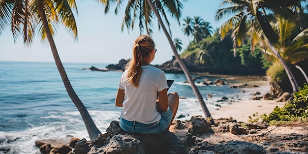 Photo créateur de contenu de voyage une fille sur l'océan est en streaming